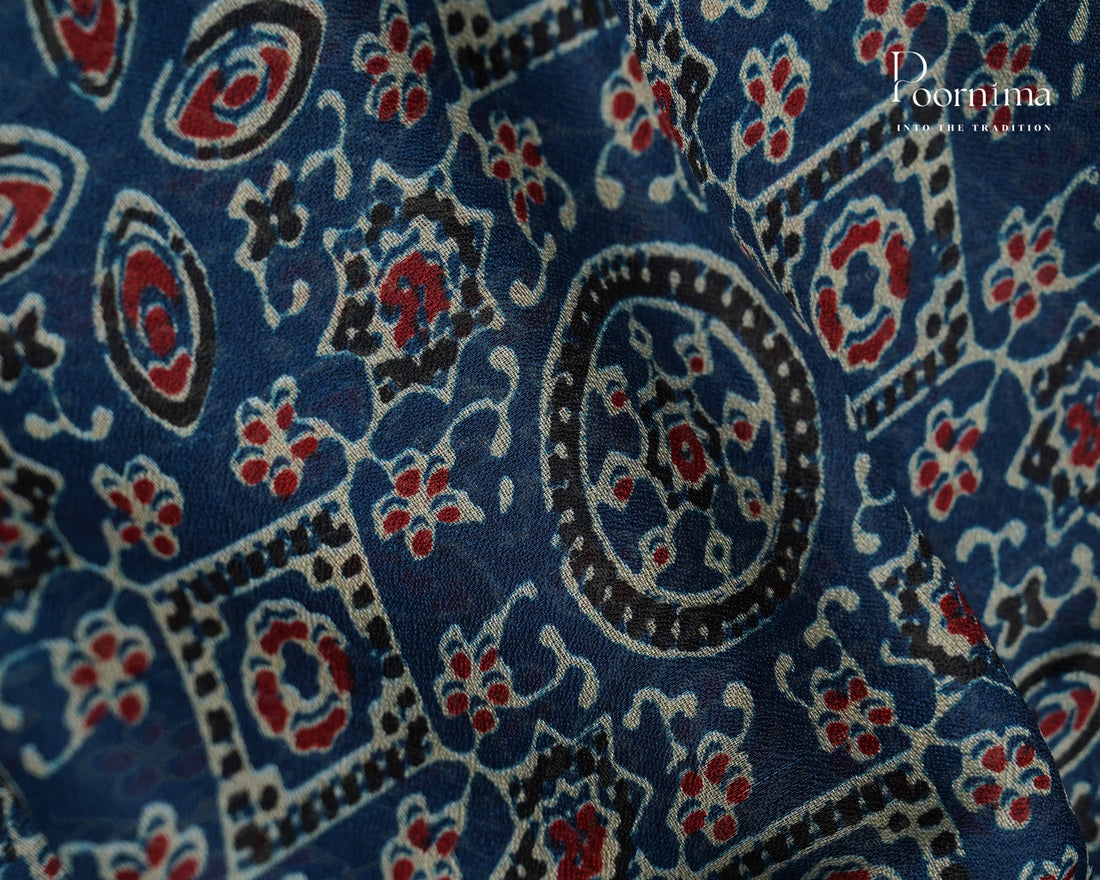 BLUE - VISCOSE SAREE WITH ALLOVER AJRAKH PRINT AND ZARI WOVEN BORDER