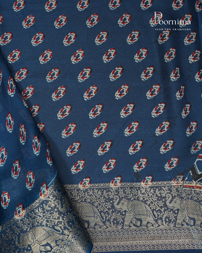 BLUE - VISCOSE SAREE WITH ALLOVER AJRAKH PRINT AND ZARI WOVEN BORDER