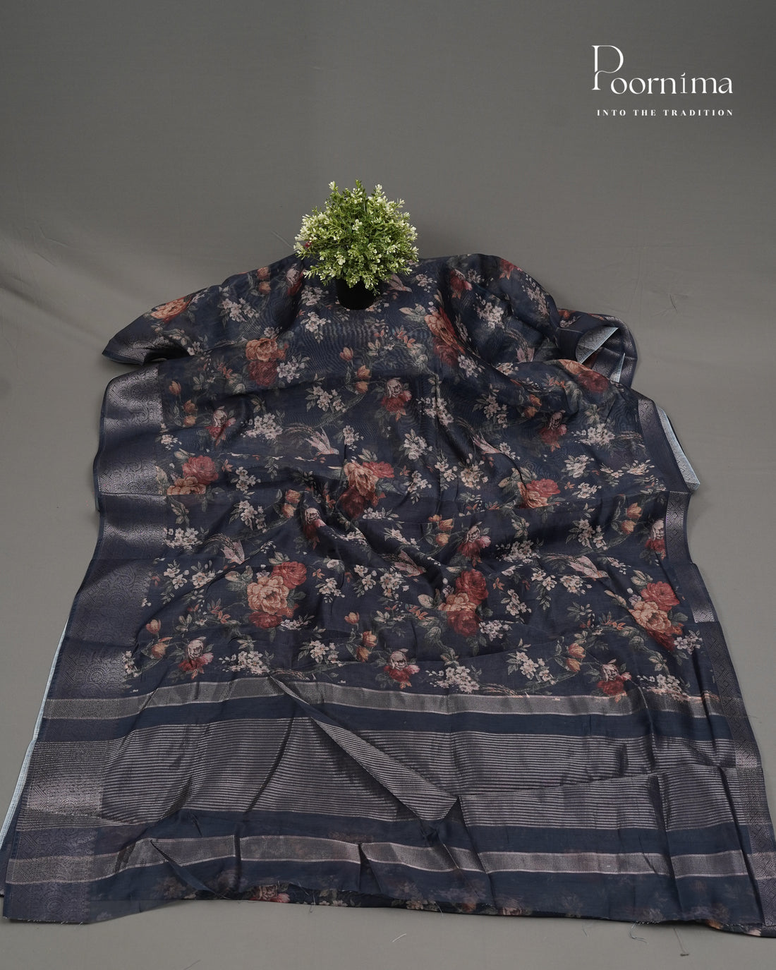 BLUE - ELEGANT DAILY WEAR LINEN SAREE WITH ALLOVER PRINTS AND ZARI BORDER
