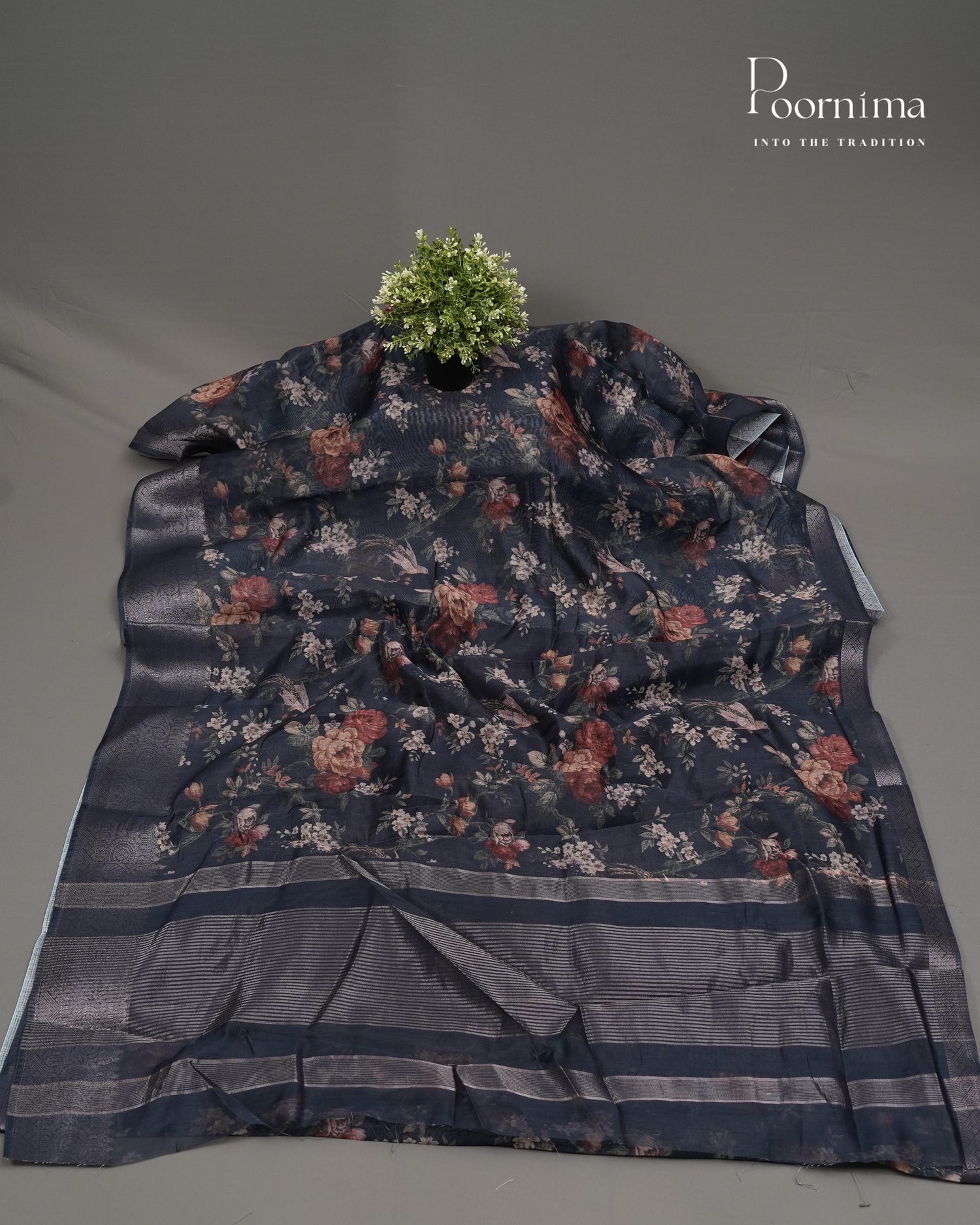BLUE - ELEGANT DAILY WEAR LINEN SAREE WITH ALLOVER PRINTS AND ZARI BORDER