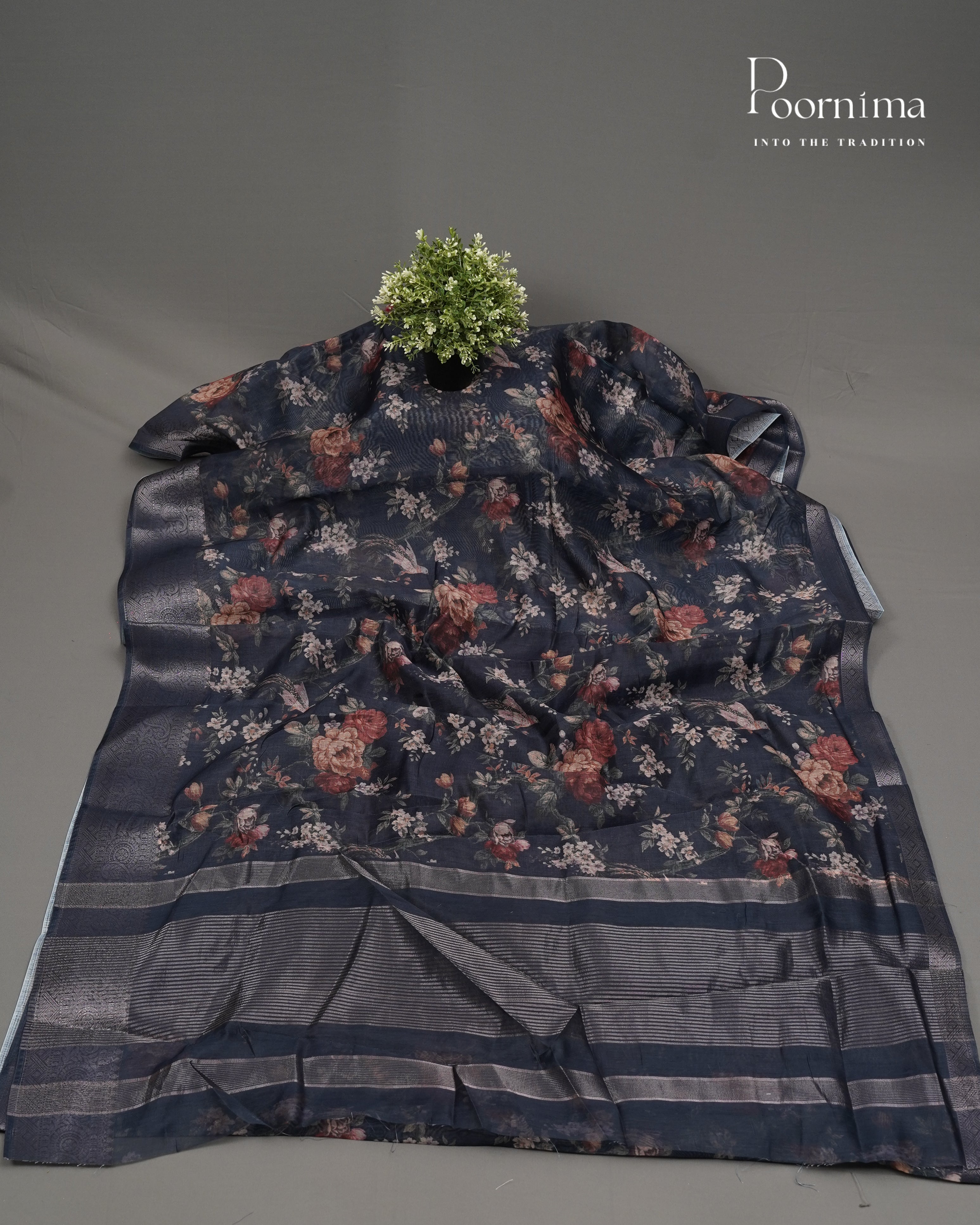 BLUE - ELEGANT DAILY WEAR LINEN SAREE WITH ALLOVER PRINTS AND ZARI BORDER