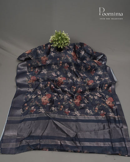 BLUE - ELEGANT DAILY WEAR LINEN SAREE WITH ALLOVER PRINTS AND ZARI BORDER
