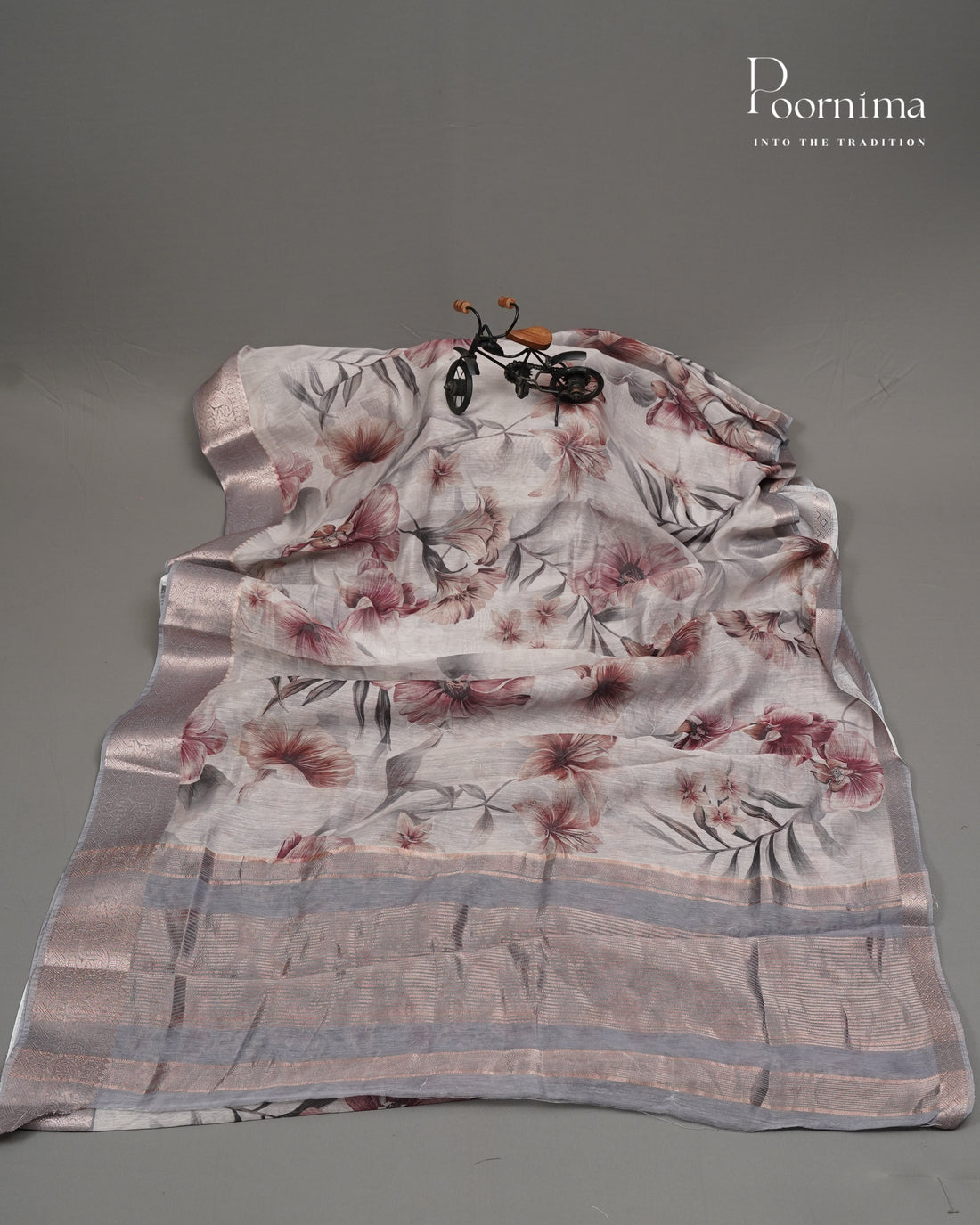 HALF WHITE AND GREY  - ELEGANT DAILY WEAR LINEN SAREE WITH ALLOVER PRINTS AND ZARI BORDER