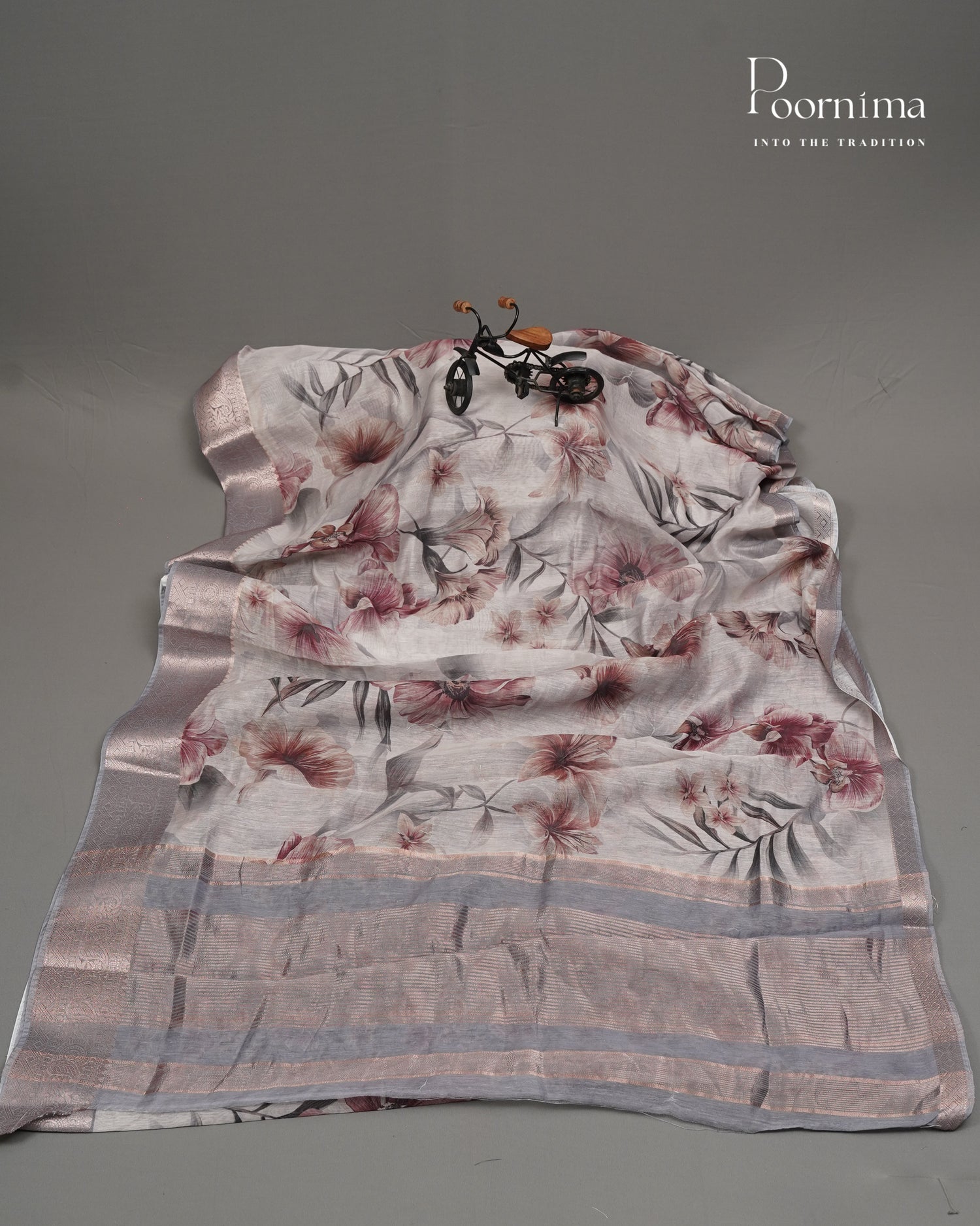 HALF WHITE AND GREY  - ELEGANT DAILY WEAR LINEN SAREE WITH ALLOVER PRINTS AND ZARI BORDER