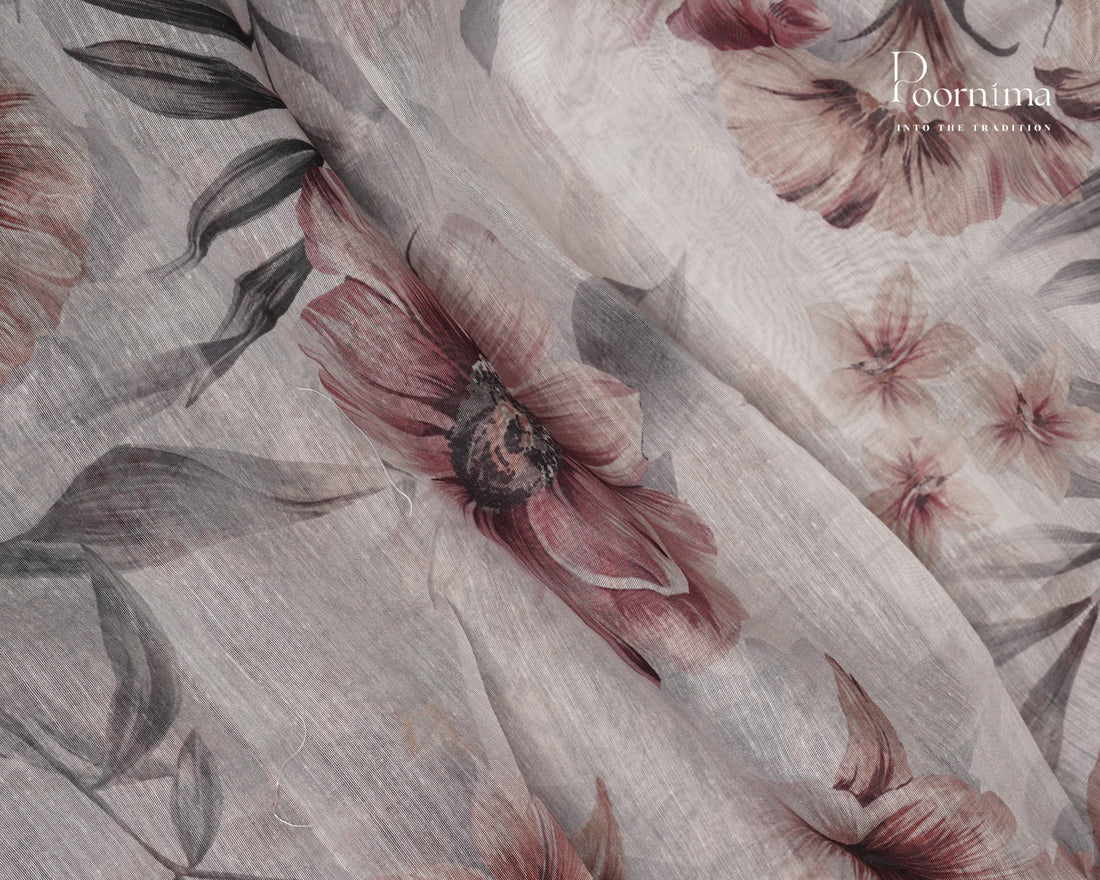 HALF WHITE AND GREY  - ELEGANT DAILY WEAR LINEN SAREE WITH ALLOVER PRINTS AND ZARI BORDER