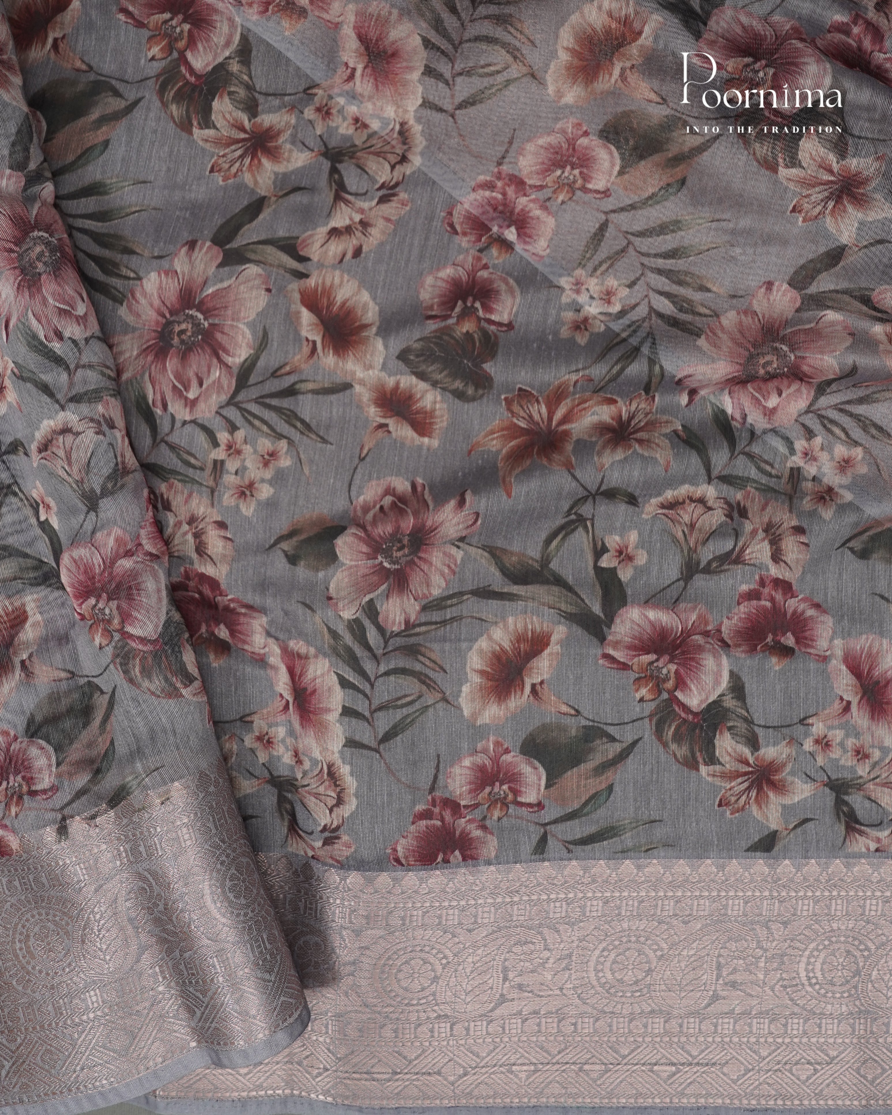 HALF WHITE AND GREY  - ELEGANT DAILY WEAR LINEN SAREE WITH ALLOVER PRINTS AND ZARI BORDER