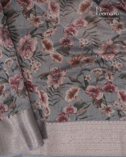 HALF WHITE AND GREY  - ELEGANT DAILY WEAR LINEN SAREE WITH ALLOVER PRINTS AND ZARI BORDER