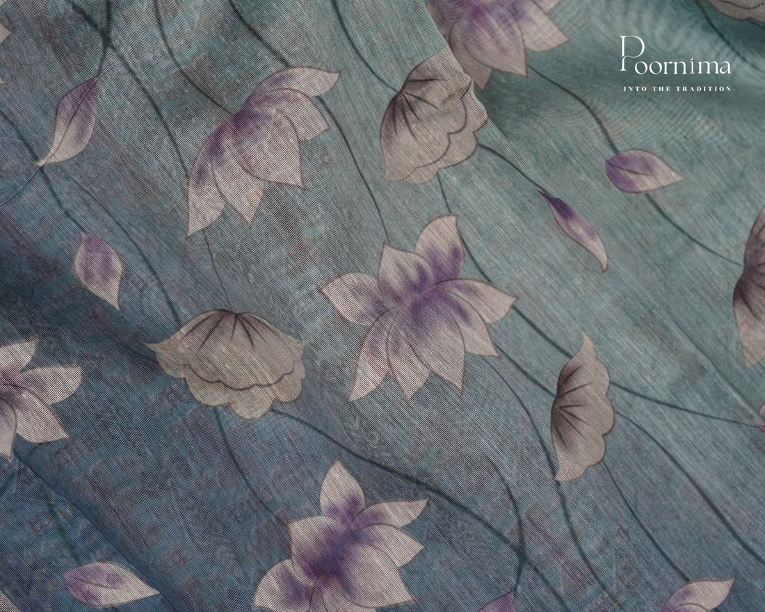 SEA GREEN AND BLUE SHADED - ELEGANT DAILY WEAR LINEN SAREE WITH ALLOVER PRINTS AND ZARI BORDER
