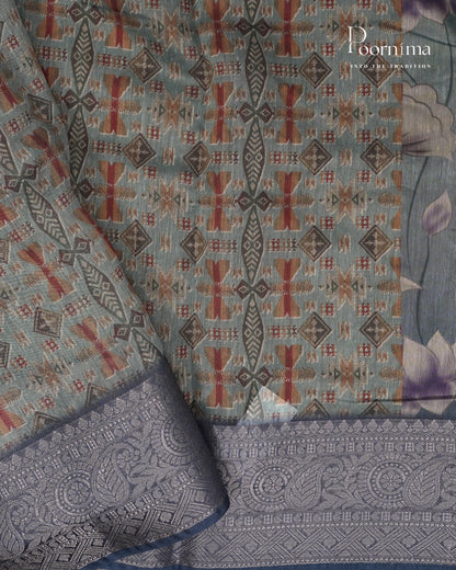 SEA GREEN AND BLUE SHADED - ELEGANT DAILY WEAR LINEN SAREE WITH ALLOVER PRINTS AND ZARI BORDER