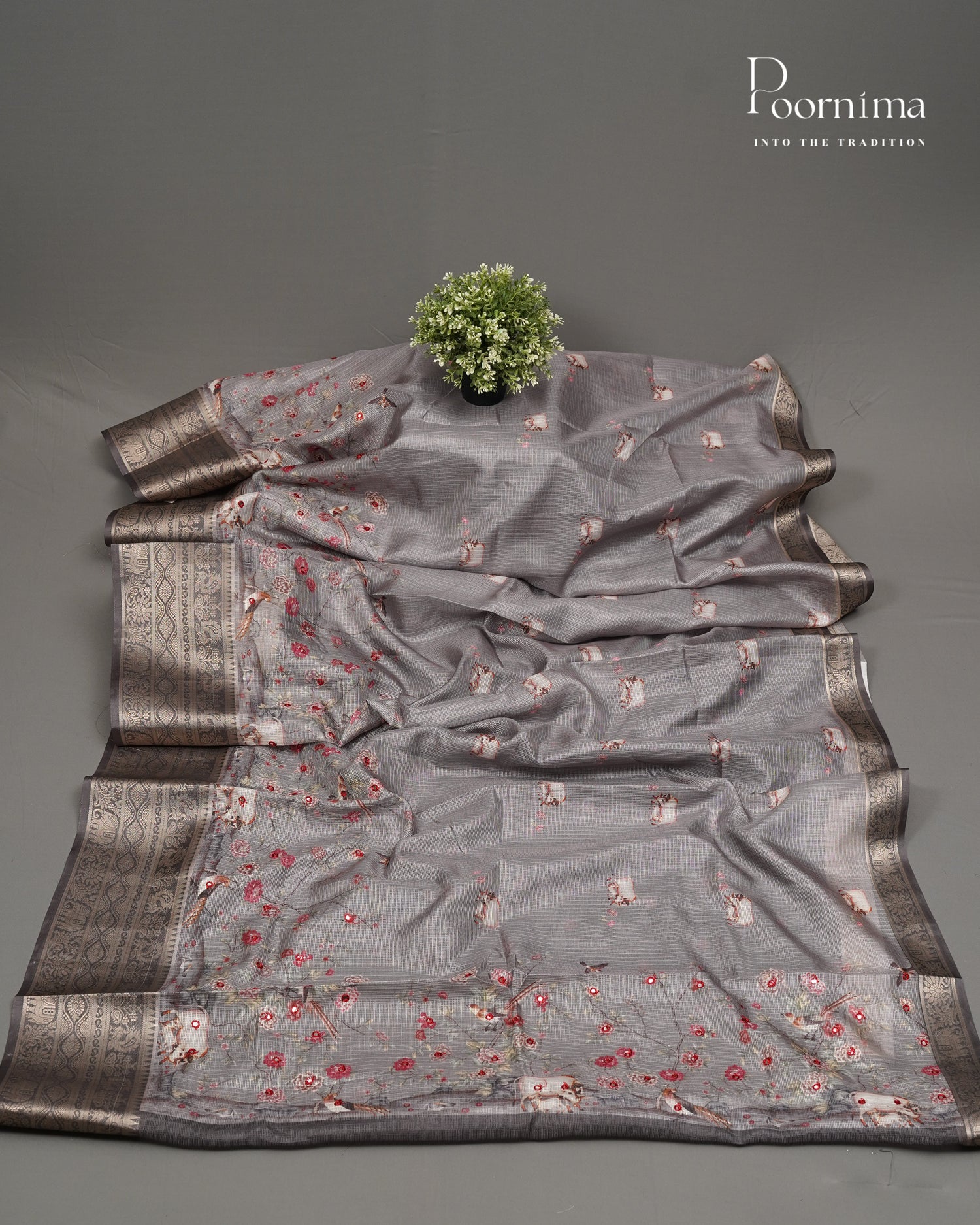 GREY - STYLISH DAILY WEAR SEMI KOTA SAREE WITH MIRROR WORK &amp;  ALLOVER PRINTS &amp; CONTRAST BIG ZARI BORDER
