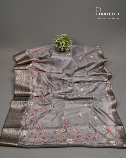 GREY - STYLISH DAILY WEAR SEMI KOTA SAREE WITH MIRROR WORK &amp;  ALLOVER PRINTS &amp; CONTRAST BIG ZARI BORDER