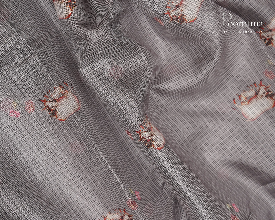 GREY - STYLISH DAILY WEAR SEMI KOTA SAREE WITH MIRROR WORK &  ALLOVER PRINTS & CONTRAST BIG ZARI BORDER