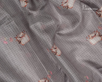 GREY - STYLISH DAILY WEAR SEMI KOTA SAREE WITH MIRROR WORK &amp;  ALLOVER PRINTS &amp; CONTRAST BIG ZARI BORDER