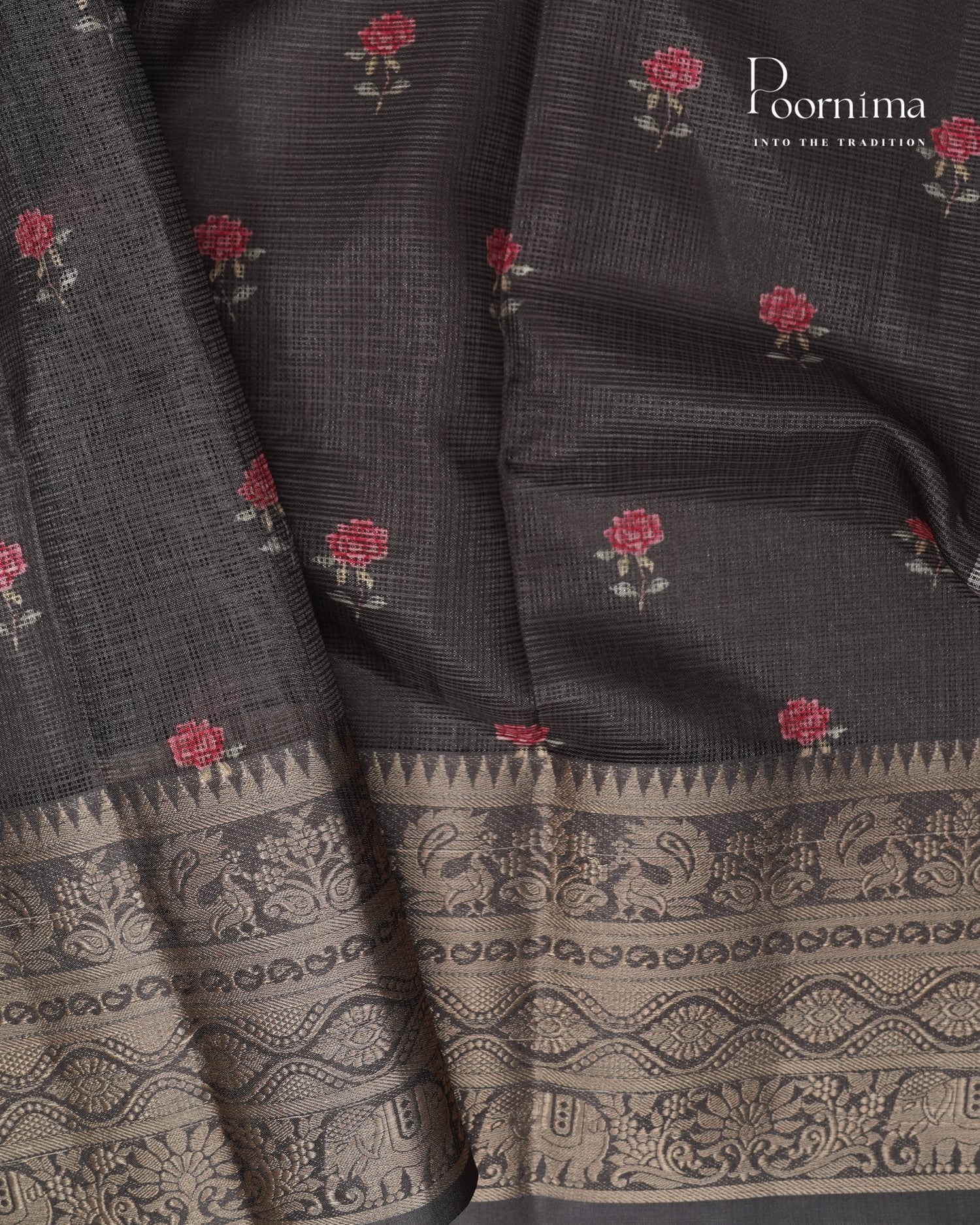 GREY - STYLISH DAILY WEAR SEMI KOTA SAREE WITH MIRROR WORK &amp;  ALLOVER PRINTS &amp; CONTRAST BIG ZARI BORDER