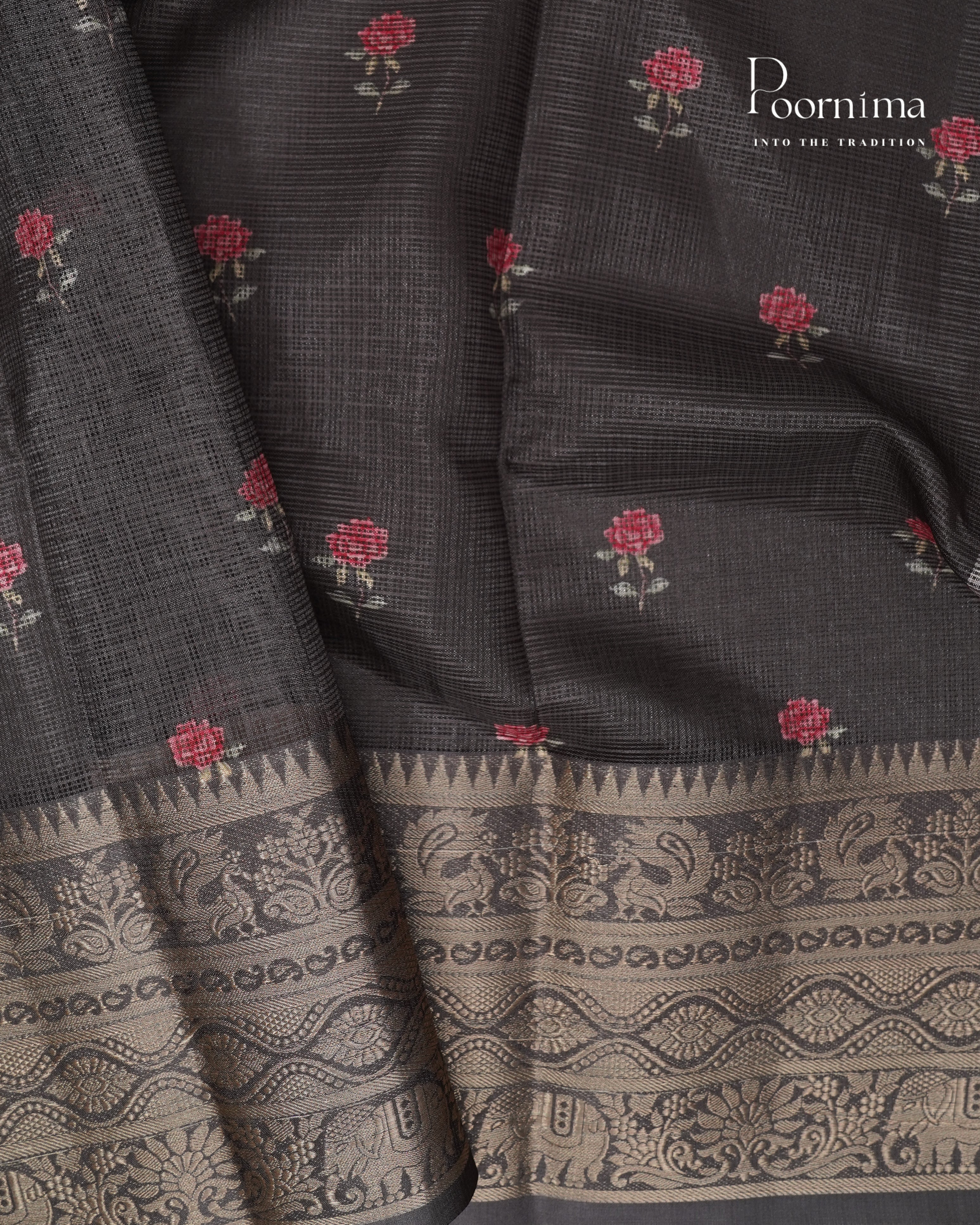 GREY - STYLISH DAILY WEAR SEMI KOTA SAREE WITH MIRROR WORK &amp;  ALLOVER PRINTS &amp; CONTRAST BIG ZARI BORDER