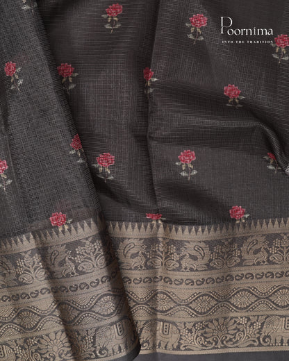 GREY - STYLISH DAILY WEAR SEMI KOTA SAREE WITH MIRROR WORK &amp;  ALLOVER PRINTS &amp; CONTRAST BIG ZARI BORDER