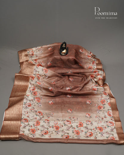 WHITE AND BROWN - STYLISH DAILY WEAR SEMI KOTA SAREE WITH MIRROR WORK &amp; ALLOVER PRINTS &amp; CONTRAST BIG ZARI BORDER
