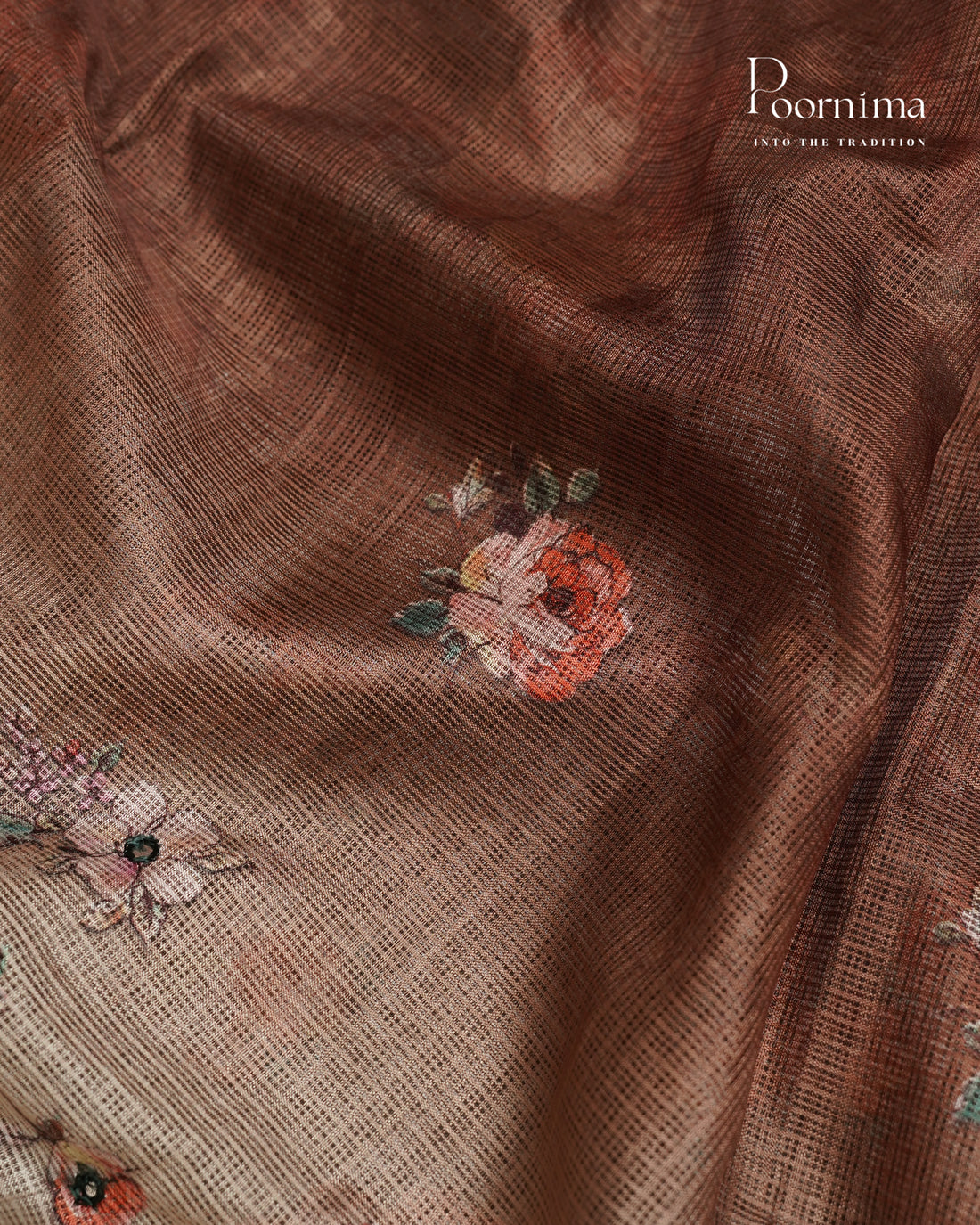 WHITE AND BROWN - STYLISH DAILY WEAR SEMI KOTA SAREE WITH MIRROR WORK & ALLOVER PRINTS & CONTRAST BIG ZARI BORDER