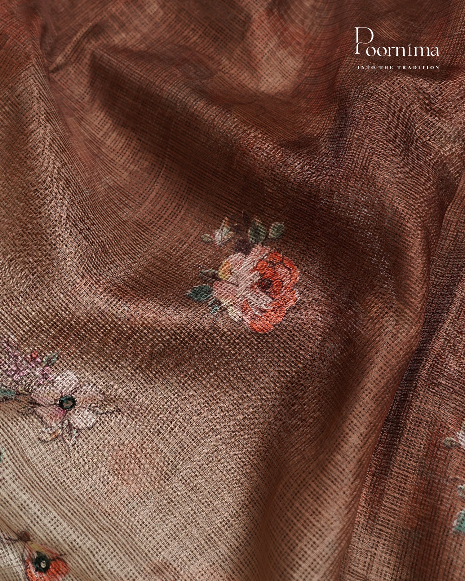 WHITE AND BROWN - STYLISH DAILY WEAR SEMI KOTA SAREE WITH MIRROR WORK &amp; ALLOVER PRINTS &amp; CONTRAST BIG ZARI BORDER
