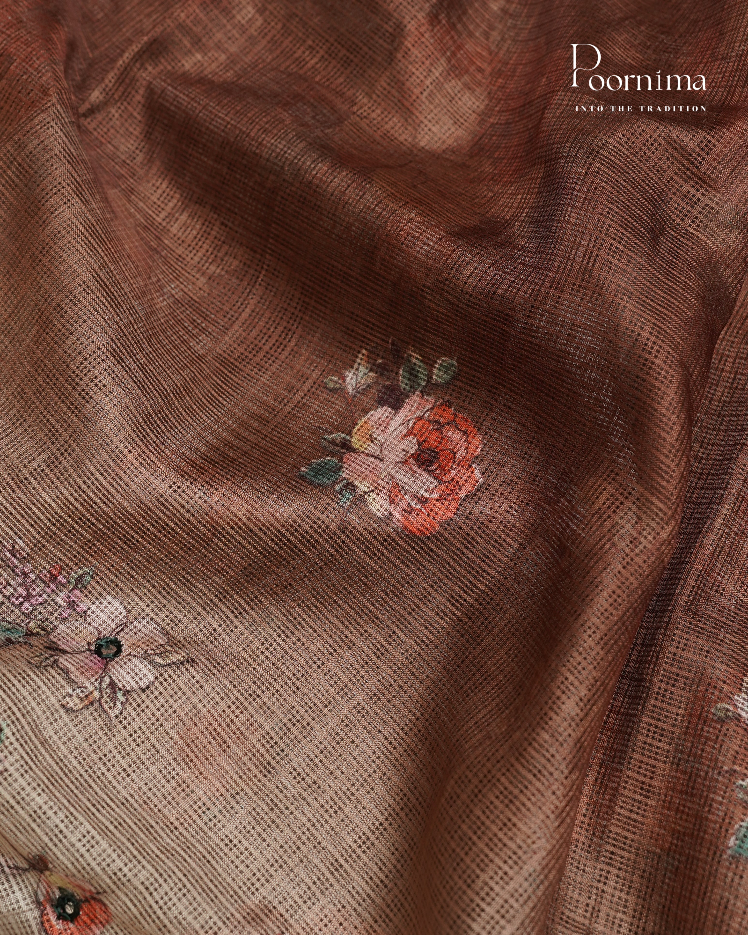 WHITE AND BROWN - STYLISH DAILY WEAR SEMI KOTA SAREE WITH MIRROR WORK &amp; ALLOVER PRINTS &amp; CONTRAST BIG ZARI BORDER