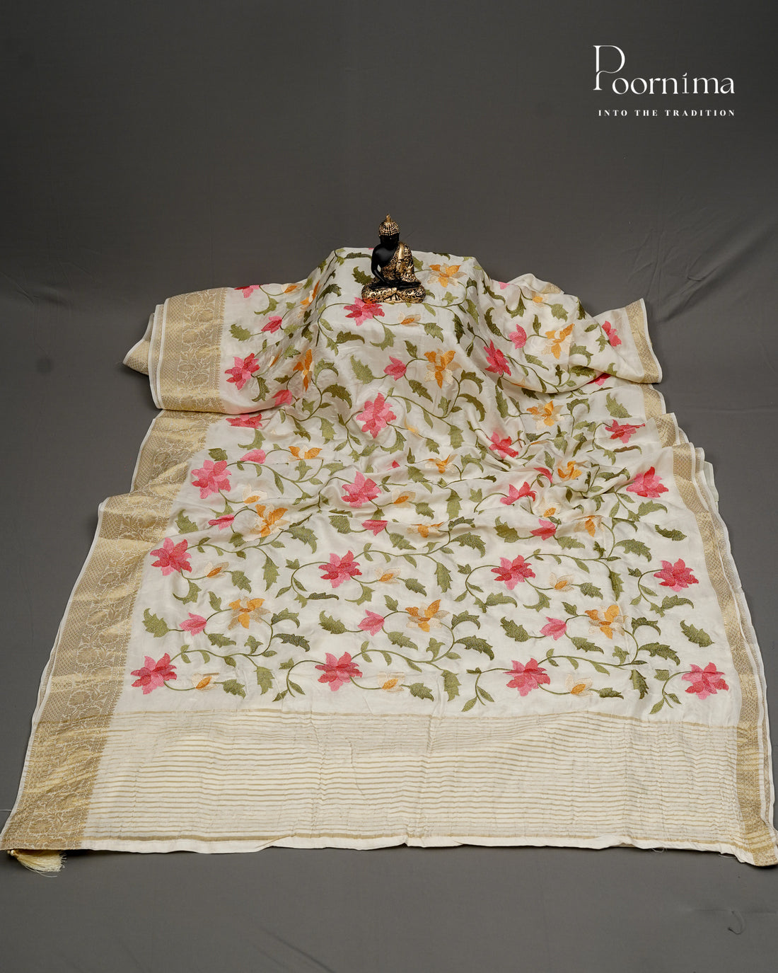 HALF WHITE - ITALIAN CREPE SILK SAREE WITH ALLOVER MULTI THREAD WORK AND ZARI BORDER