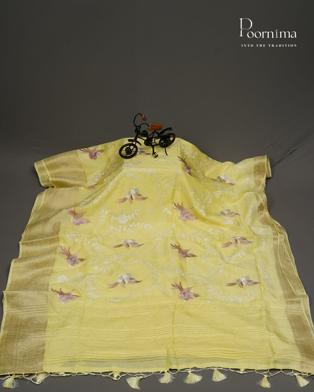 LEMON YELLOW -  ITALIAN CREPE SILK SAREE WITH ALLOVER MULTI THREAD WORK AND ZARI BORDER
