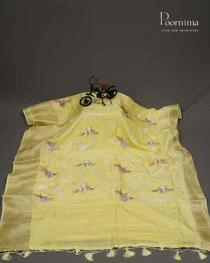 LEMON YELLOW -  ITALIAN CREPE SILK SAREE WITH ALLOVER MULTI THREAD WORK AND ZARI BORDER
