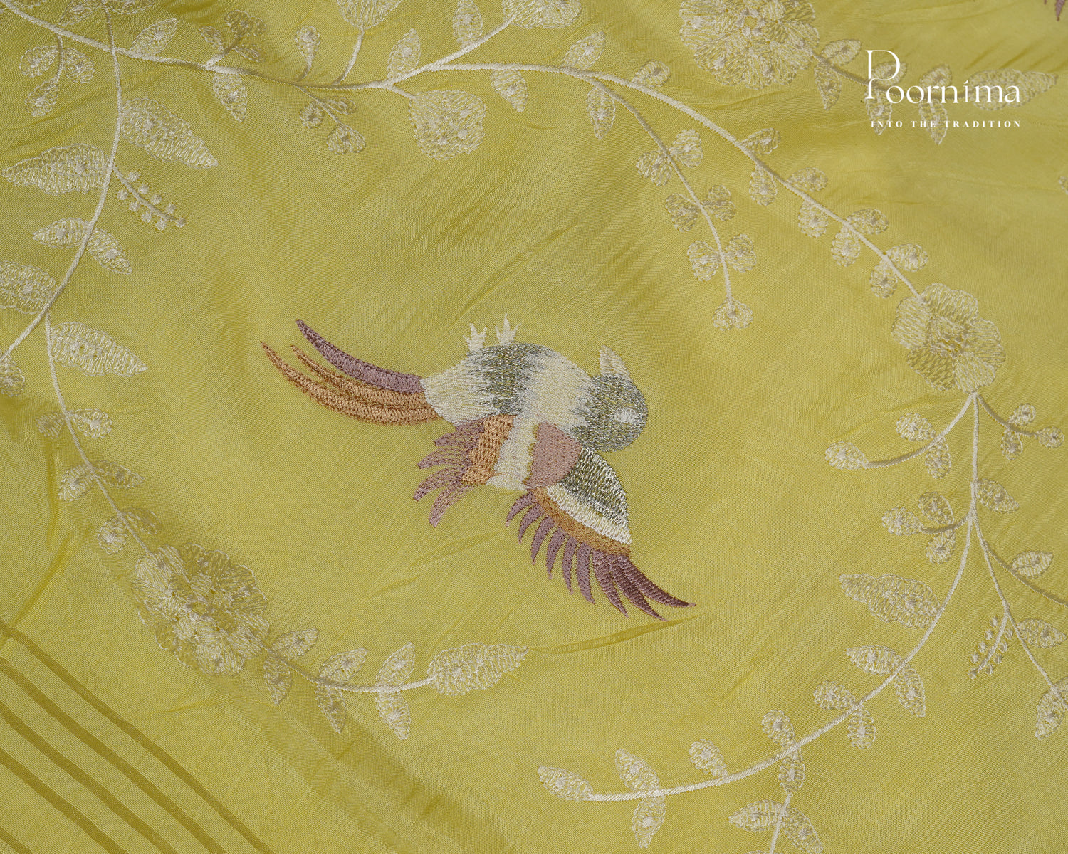 LEMON YELLOW -  ITALIAN CREPE SILK SAREE WITH ALLOVER MULTI THREAD WORK AND ZARI BORDER
