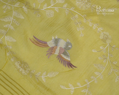 LEMON YELLOW -  ITALIAN CREPE SILK SAREE WITH ALLOVER MULTI THREAD WORK AND ZARI BORDER