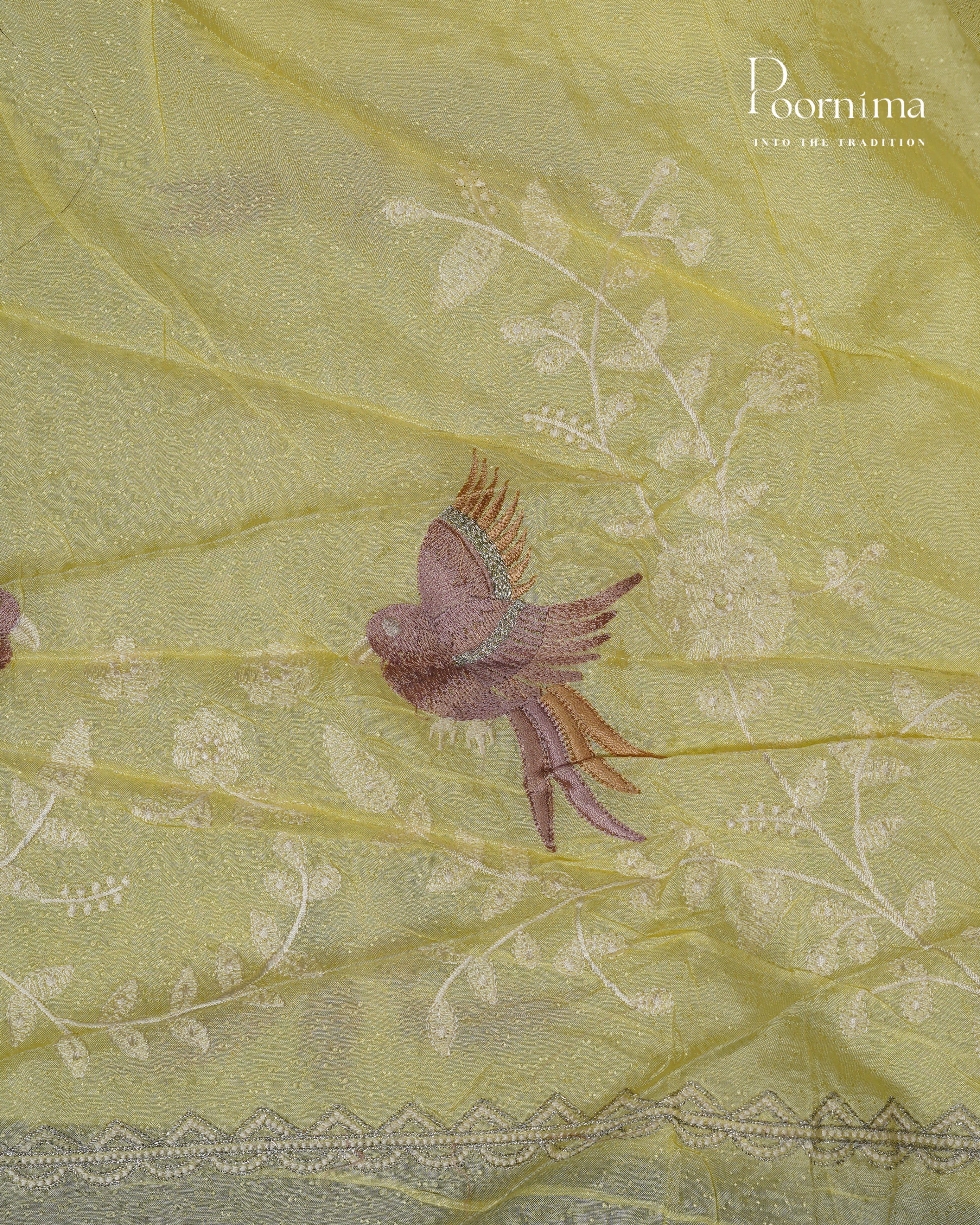 LEMON YELLOW -  ITALIAN CREPE SILK SAREE WITH ALLOVER MULTI THREAD WORK AND ZARI BORDER