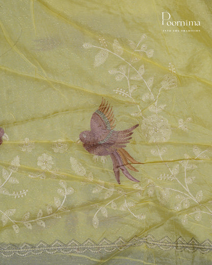 LEMON YELLOW -  ITALIAN CREPE SILK SAREE WITH ALLOVER MULTI THREAD WORK AND ZARI BORDER