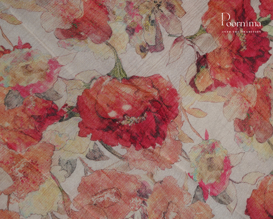 WHITE - CRUSHED LINEN OFFICE WEAR SAREE WITH FLORAL PRINTS AND BORDERLESS DESIGN