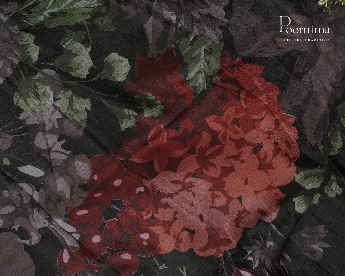 BLACK - CRUSHED LINEN OFFICE WEAR SAREE WITH FLORAL PRINTS AND BORDERLESS DESIGN