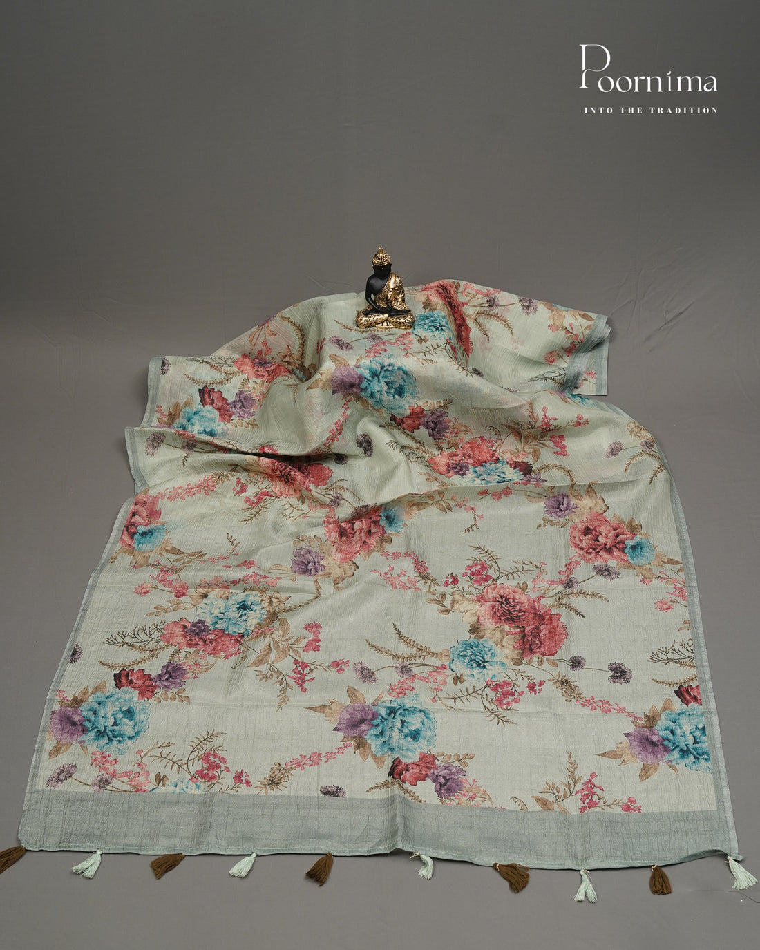 PISTA GREEN  - CRUSHED LINEN OFFICE WEAR SAREE WITH FLORAL PRINTS AND BORDERLESS DESIGN
