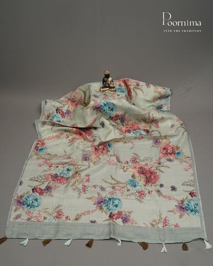 PISTA GREEN  - CRUSHED LINEN OFFICE WEAR SAREE WITH FLORAL PRINTS AND BORDERLESS DESIGN