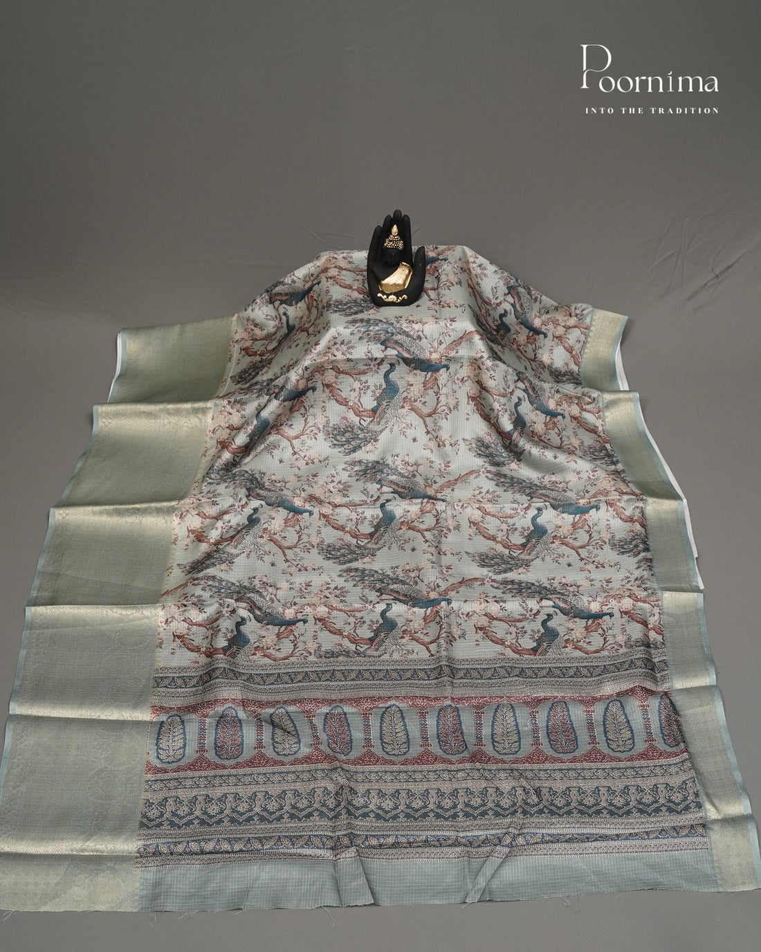 WHITE - GRACEFUL SEMI KOTA DAILY WEAR SAREE WITH ALLOVER BIRD PRINTS & BIG ZARI BORDER