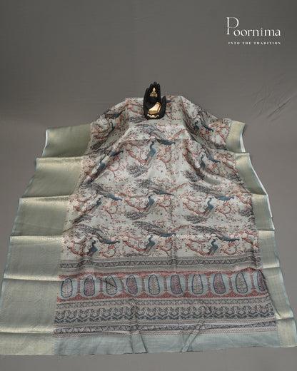 WHITE - GRACEFUL SEMI KOTA DAILY WEAR SAREE WITH ALLOVER BIRD PRINTS &amp; BIG ZARI BORDER