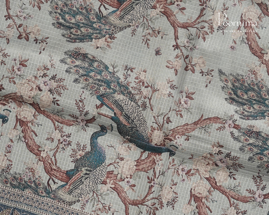 WHITE - GRACEFUL SEMI KOTA DAILY WEAR SAREE WITH ALLOVER BIRD PRINTS & BIG ZARI BORDER