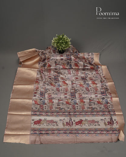 BEIGE &amp; BROWN - GRACEFUL SEMI KOTA DAILY WEAR SAREE WITH ALLOVER VILLAGE PRINTS &amp; BIG ZARI BORDER