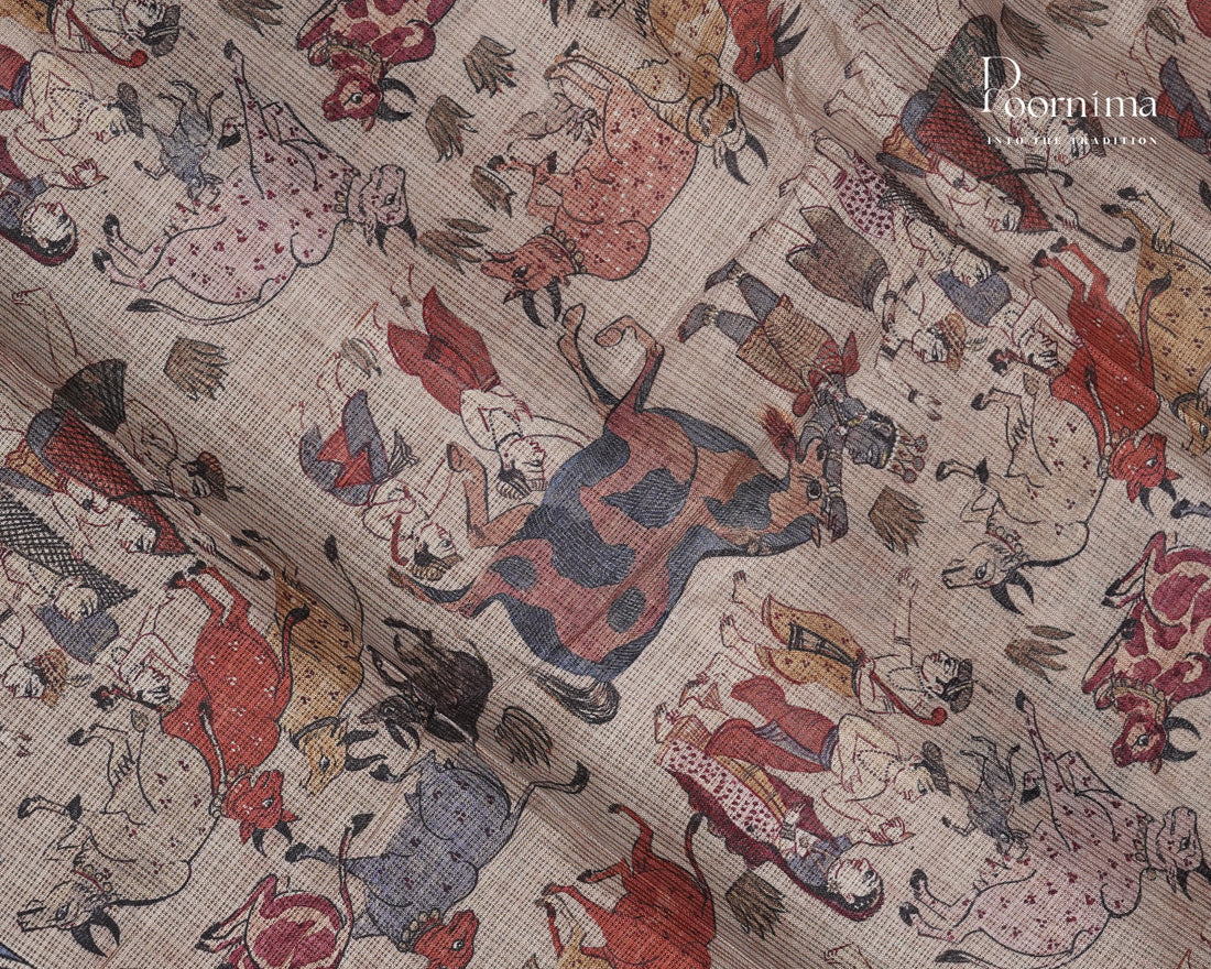 BEIGE & BROWN - GRACEFUL SEMI KOTA DAILY WEAR SAREE WITH ALLOVER VILLAGE PRINTS & BIG ZARI BORDER