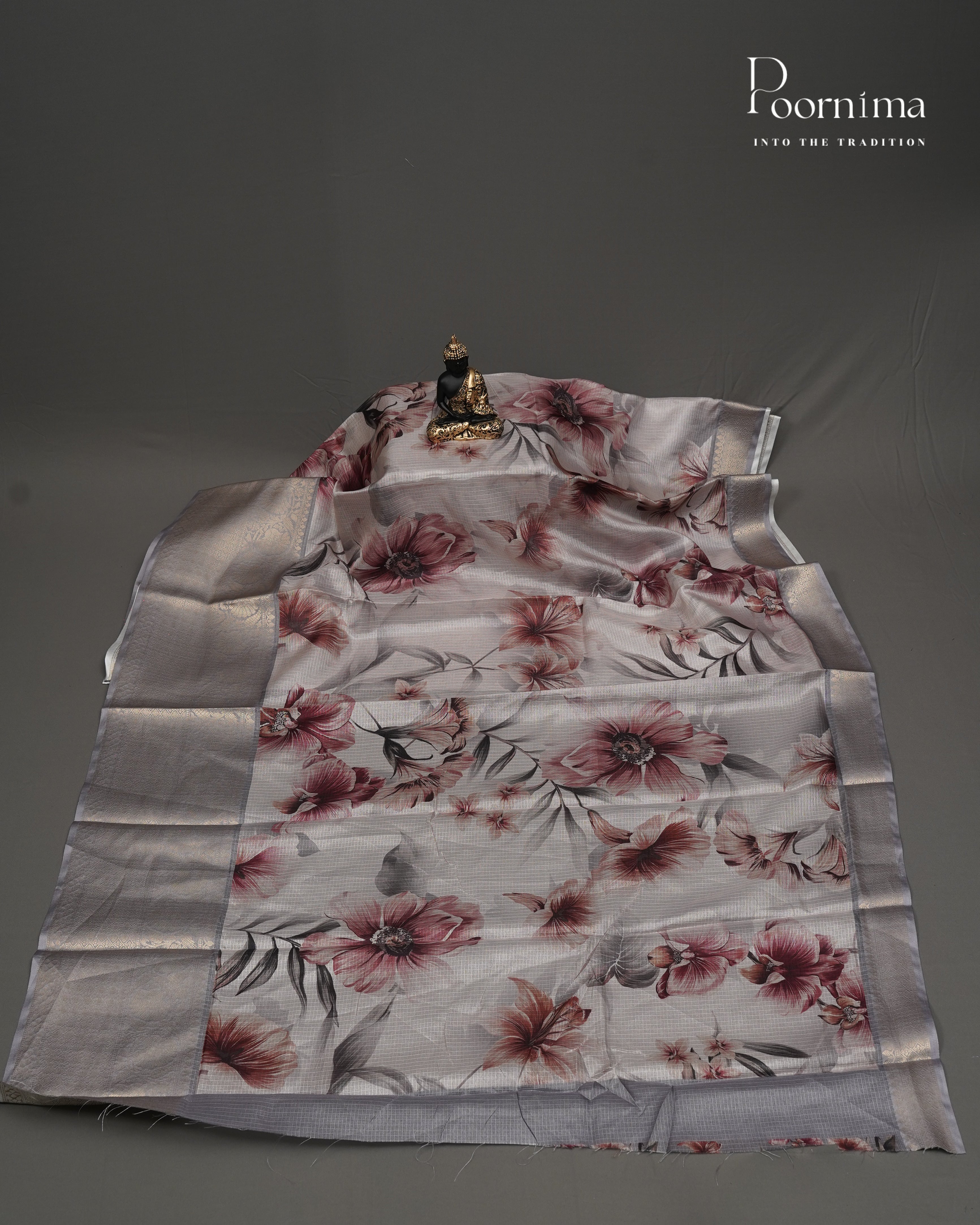 WHITE &amp; GREY - GRACEFUL SEMI KOTA DAILY WEAR SAREE WITH ALLOVER FLOWER PRINTS &amp; BIG ZARI BORDER