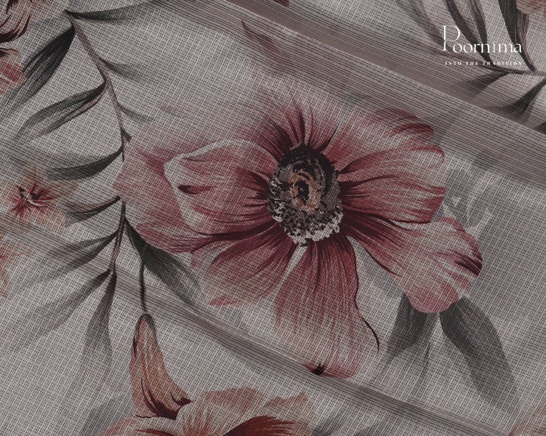 WHITE & GREY - GRACEFUL SEMI KOTA DAILY WEAR SAREE WITH ALLOVER FLOWER PRINTS & BIG ZARI BORDER