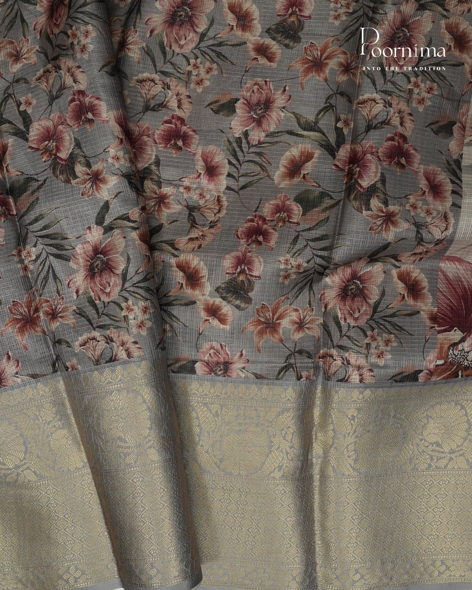 WHITE &amp; GREY - GRACEFUL SEMI KOTA DAILY WEAR SAREE WITH ALLOVER FLOWER PRINTS &amp; BIG ZARI BORDER