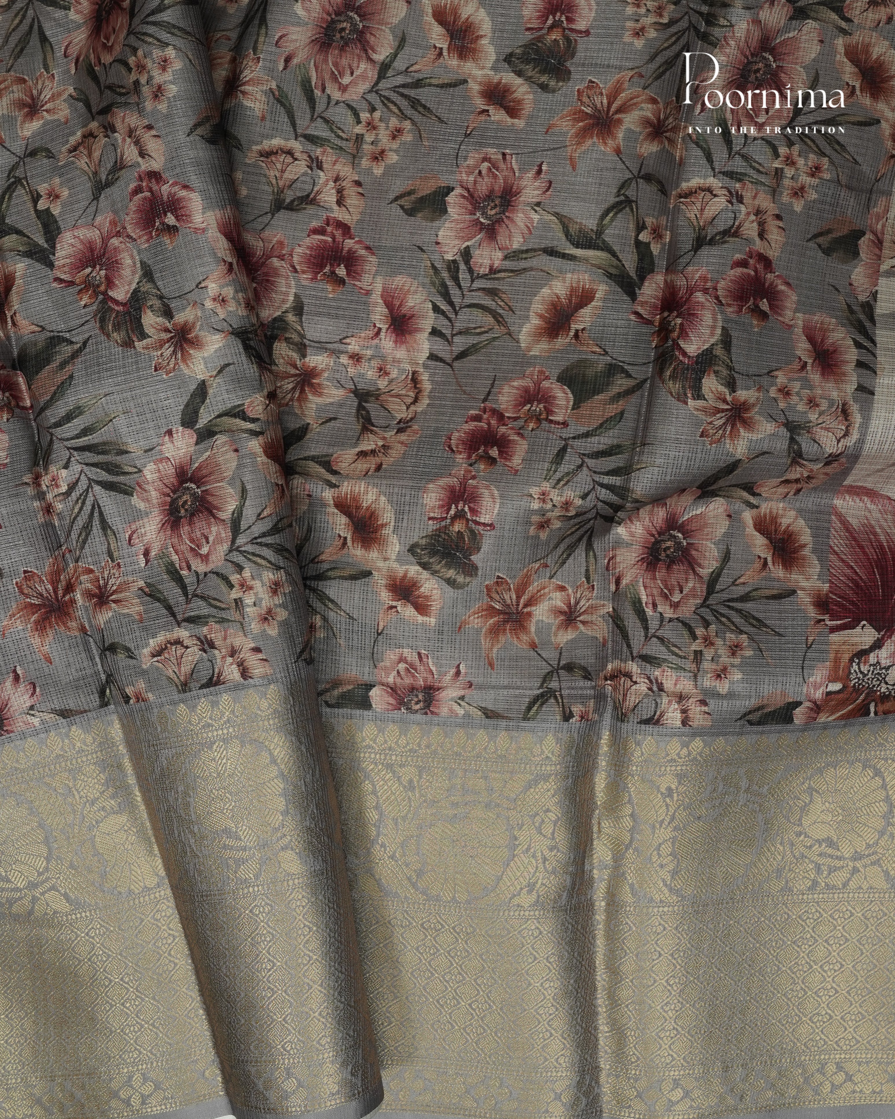 WHITE &amp; GREY - GRACEFUL SEMI KOTA DAILY WEAR SAREE WITH ALLOVER FLOWER PRINTS &amp; BIG ZARI BORDER