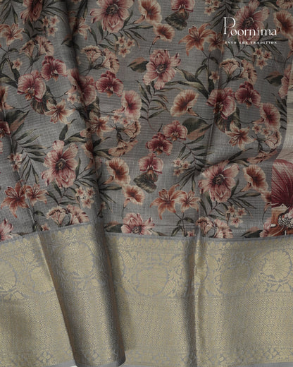 WHITE &amp; GREY - GRACEFUL SEMI KOTA DAILY WEAR SAREE WITH ALLOVER FLOWER PRINTS &amp; BIG ZARI BORDER