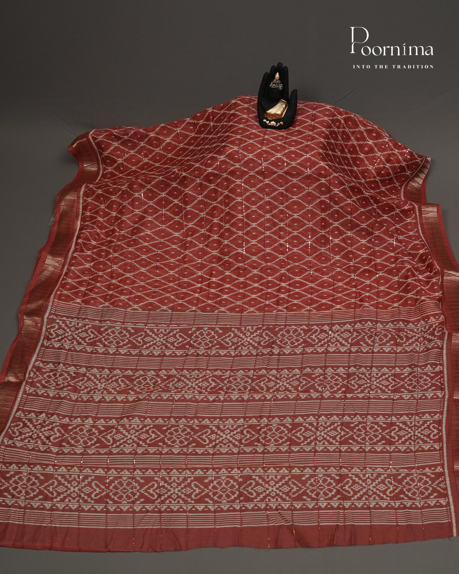 MAROON - SEMI CREPE SAREE WITH DISCHARGE PRINT, SEQUINS WORK &amp; TEMPLE PATTERN ZARI BORDER