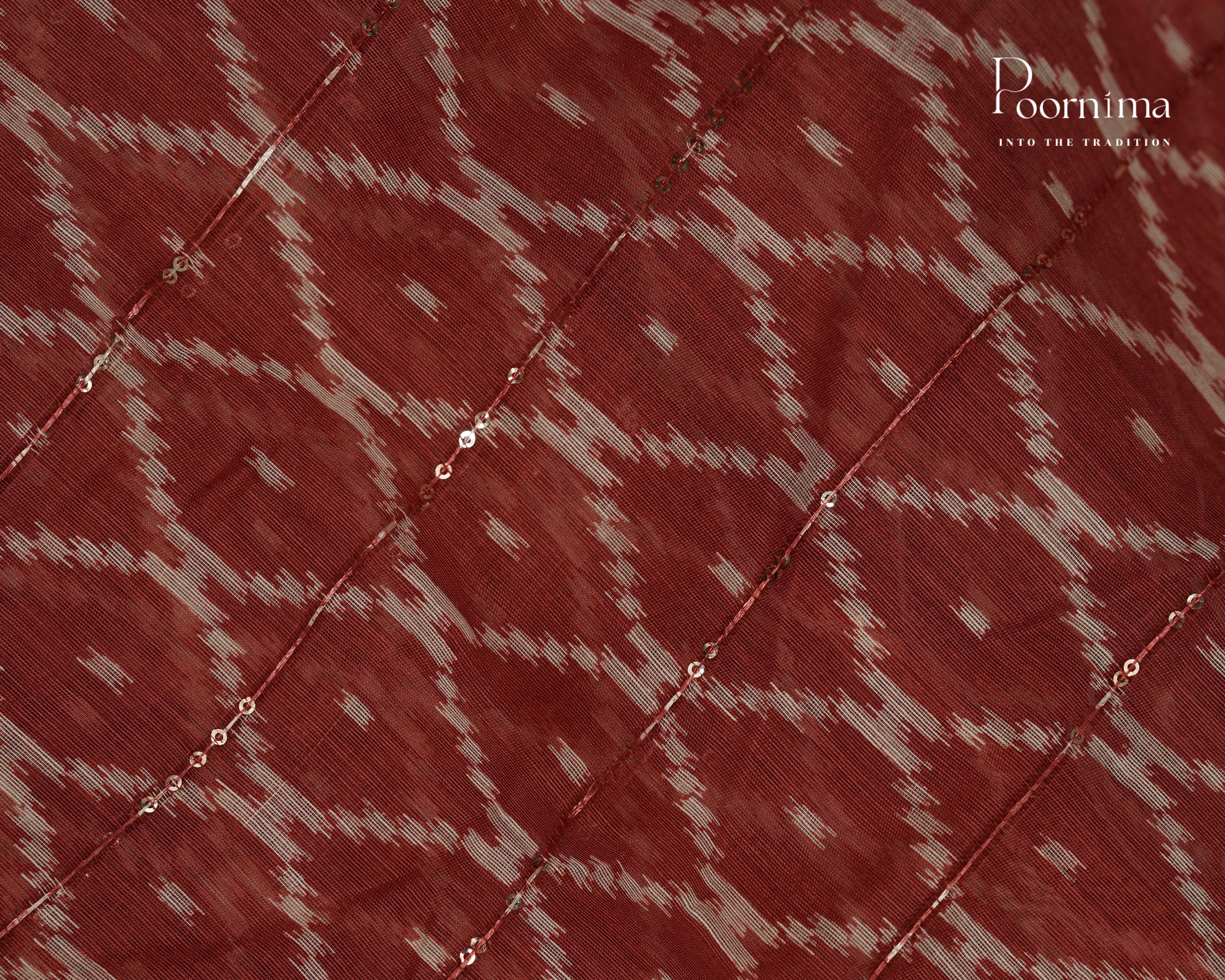 MAROON - SEMI CREPE SAREE WITH DISCHARGE PRINT, SEQUINS WORK &amp; TEMPLE PATTERN ZARI BORDER