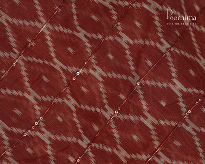 MAROON - SEMI CREPE SAREE WITH DISCHARGE PRINT, SEQUINS WORK &amp; TEMPLE PATTERN ZARI BORDER