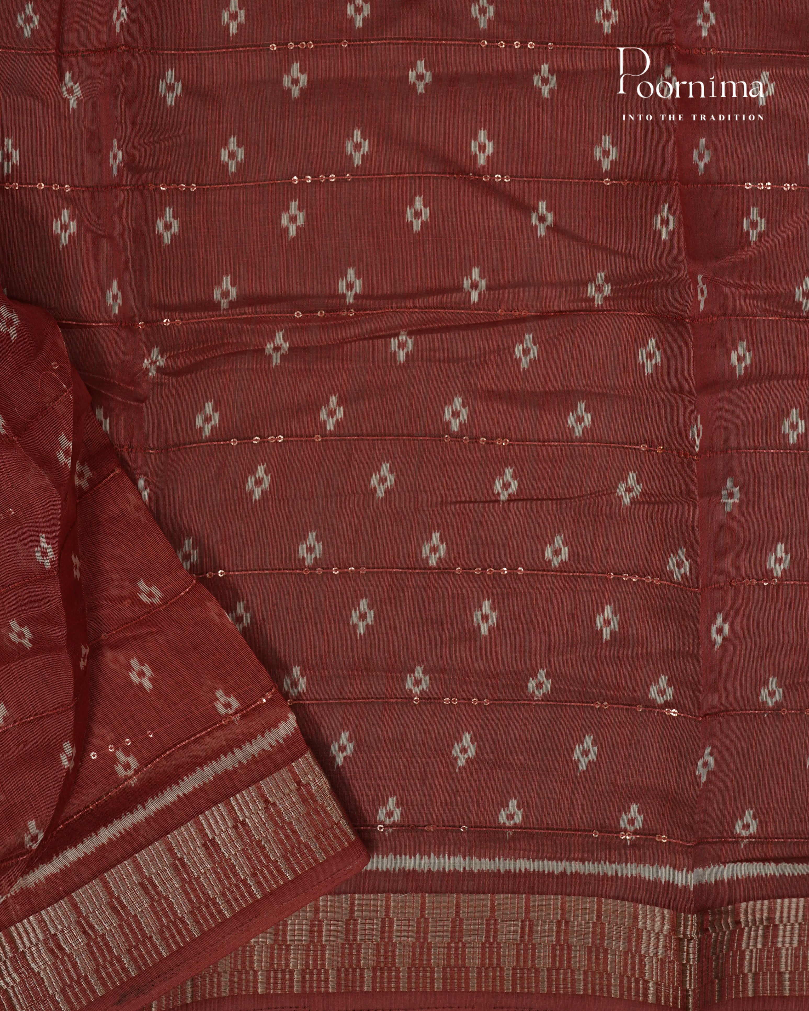 MAROON - SEMI CREPE SAREE WITH DISCHARGE PRINT, SEQUINS WORK &amp; TEMPLE PATTERN ZARI BORDER