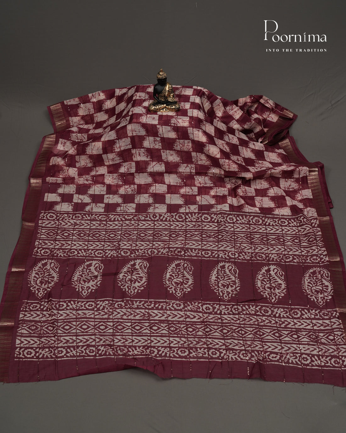 DARK WINE - SEMI CREPE SAREE WITH CHECKS PATTERN DISCHARGE PRINT, SEQUINS WORK & TEMPLE PATTERN ZARI BORDER